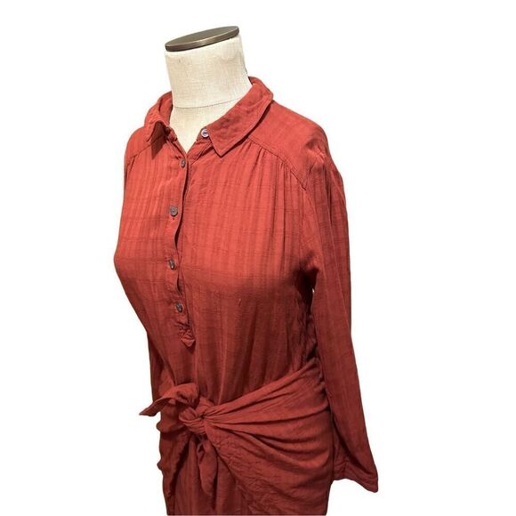 Anthropologie Maeve Bloomsbury Tie Front Dress Rust Red 1/4 Button up Hi Lo Sz 6 - Picture 2 of 9